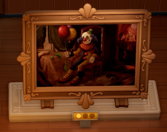 Een schilderij van een droevige clown die op een stoel in een ruime kamer zit. De clown houdt drie gekleurde ballonnen (roze, rood en geel) in de rechterhand.