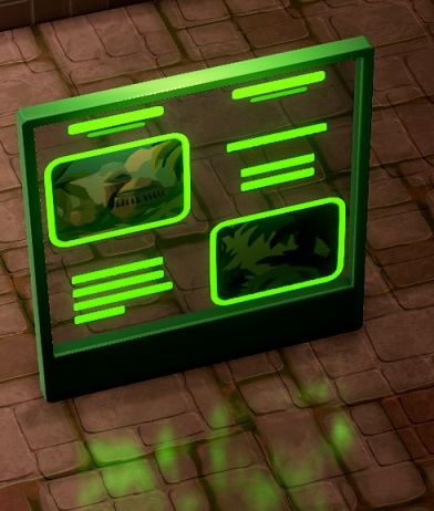 Een Wide Glass Info Stand met Botanische info. De Glazen Infostand heeft twee tekstblokken, en twee afbeeldingen. De vloer spiegelt het Infobord een beetje.