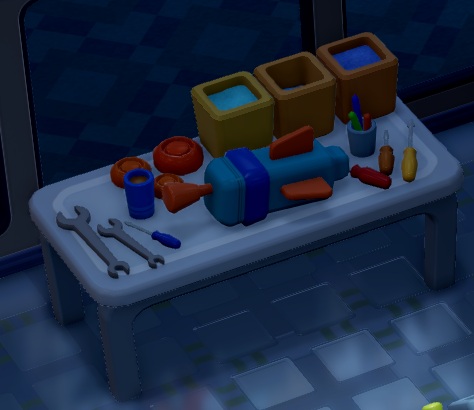 Een lange tafel, met drie plastic potjes, allerlei sleutels en schroevendraaiers, drie afsluitdoppen en een surrealistisch aandoend apparaatje erop.