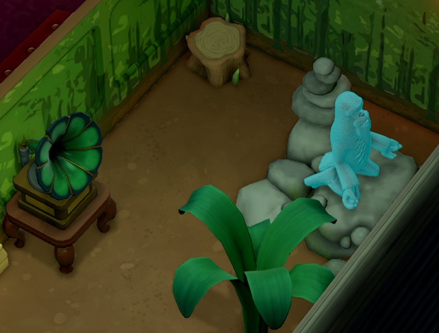 Een Yeti-Spook zit op de knieën op een stenen meditatieplaats in zijn Polterguest Room, omringd door een boomstronk, een plant en een Grammofoonspeler.
