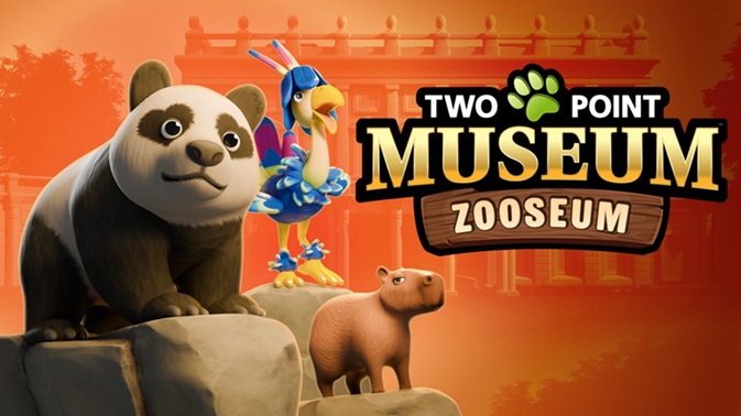 Links staat een groepje Dieren - van links naar rechts: een Painted Panda, een mannelijke Carnivulture en een Unflappybara. Rechts staat 'Two Point Museum' en daaronder 'Zooseum'. De achtergrond is oranjerood.